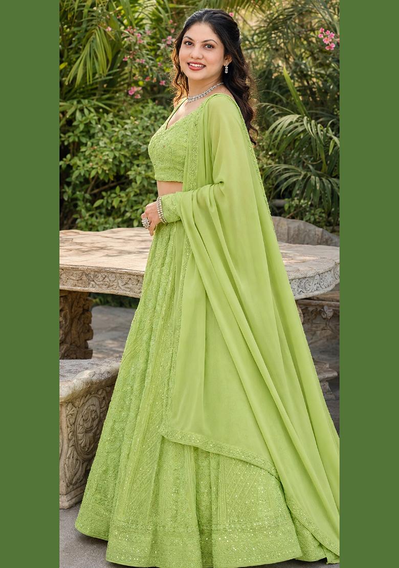 Light Green Embroidery Georgette Lehenga Set - Indya