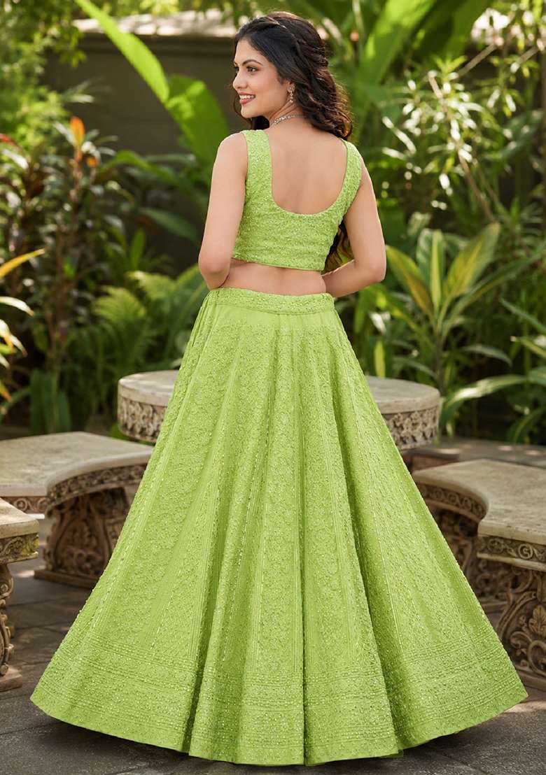 Light Green Georgette Lehenga Set with Embroidery for Diwali | Wedding & Festive Wear - Indya