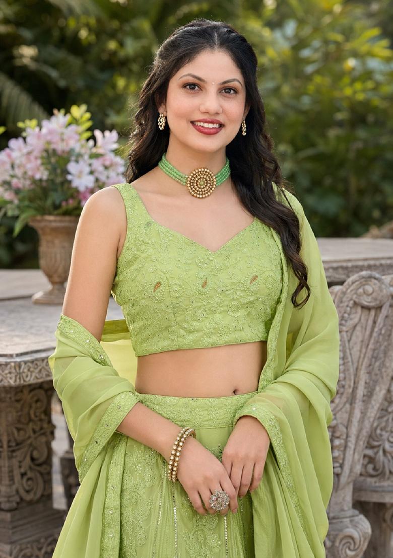 Light Green Embroidery Georgette Lehenga Set - Indya