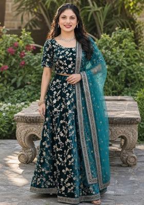Turquoise Embroidery Velvet Lehenga Set