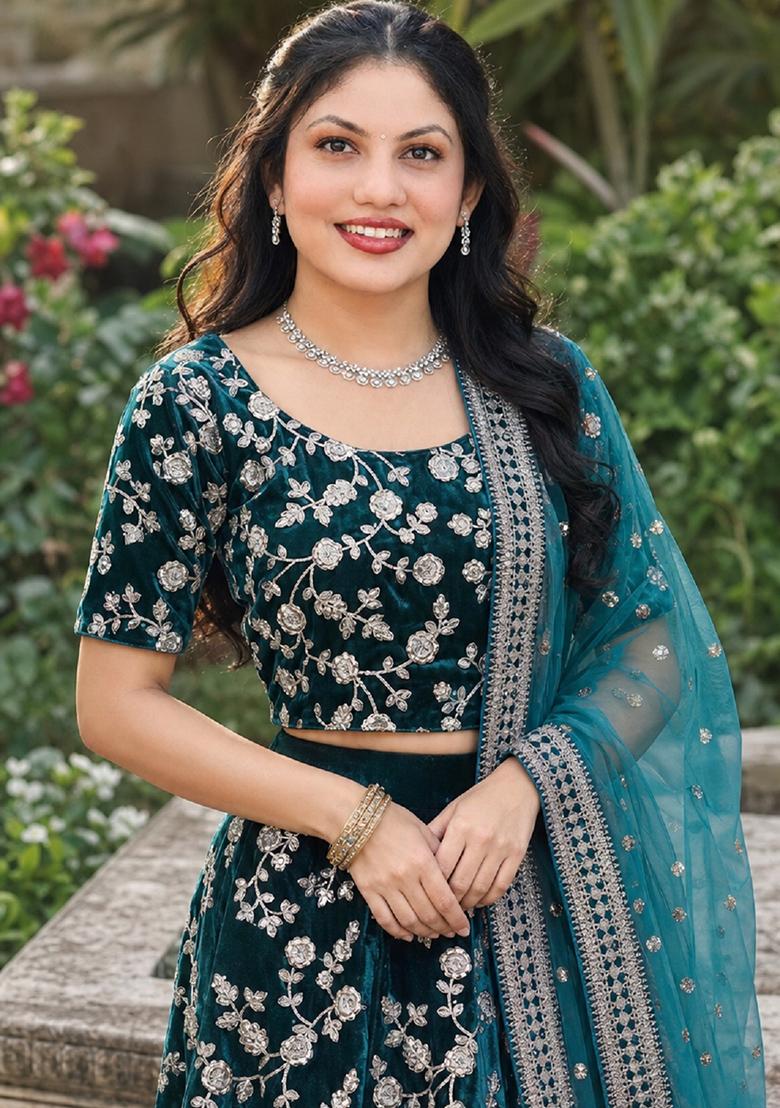 Turquoise Embroidery Velvet Lehenga Set - Indya