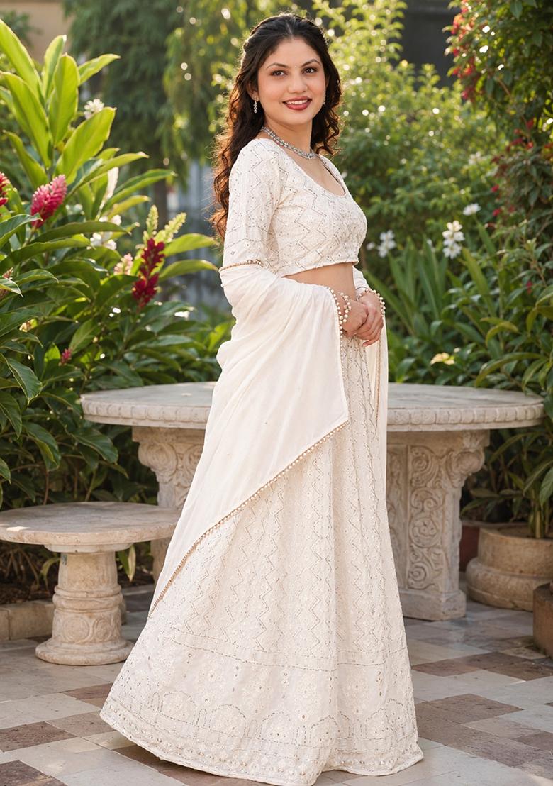 White Embroidery Georgette Lehenga Set - Indya