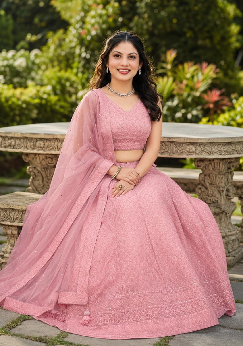 Baby Pink Embroidery Georgette Lehenga Set - Indya
