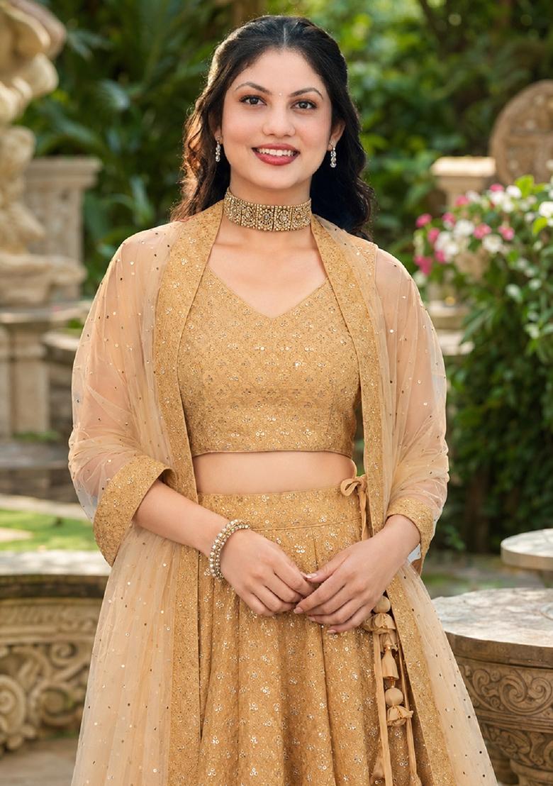 Beige Embroidery Georgette Lehenga Set - Indya