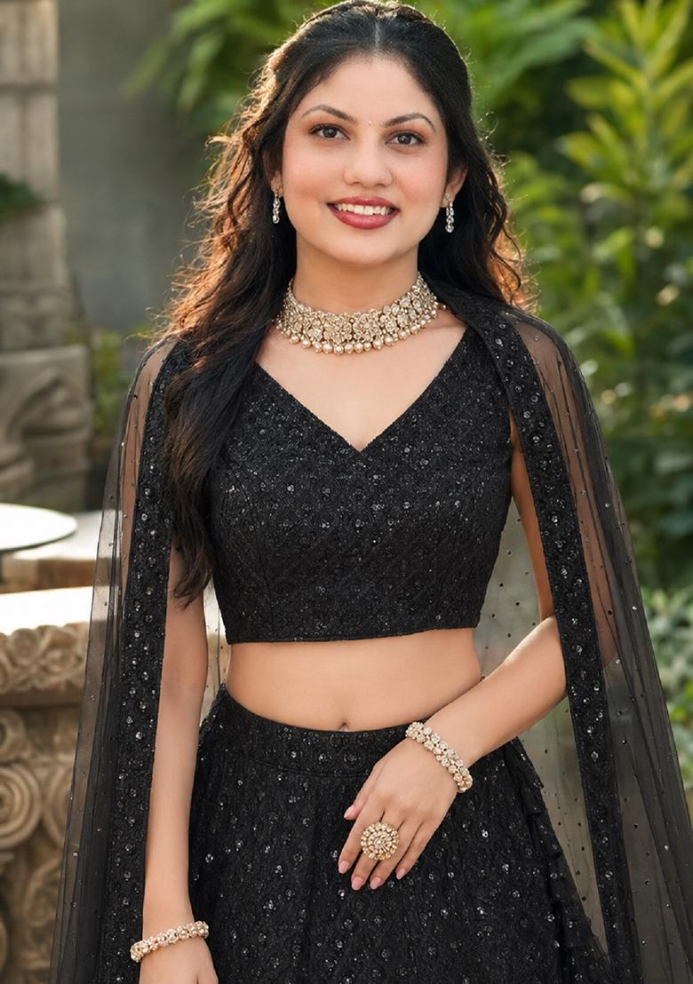 Black Embroidery Georgette Lehenga Set - Indya