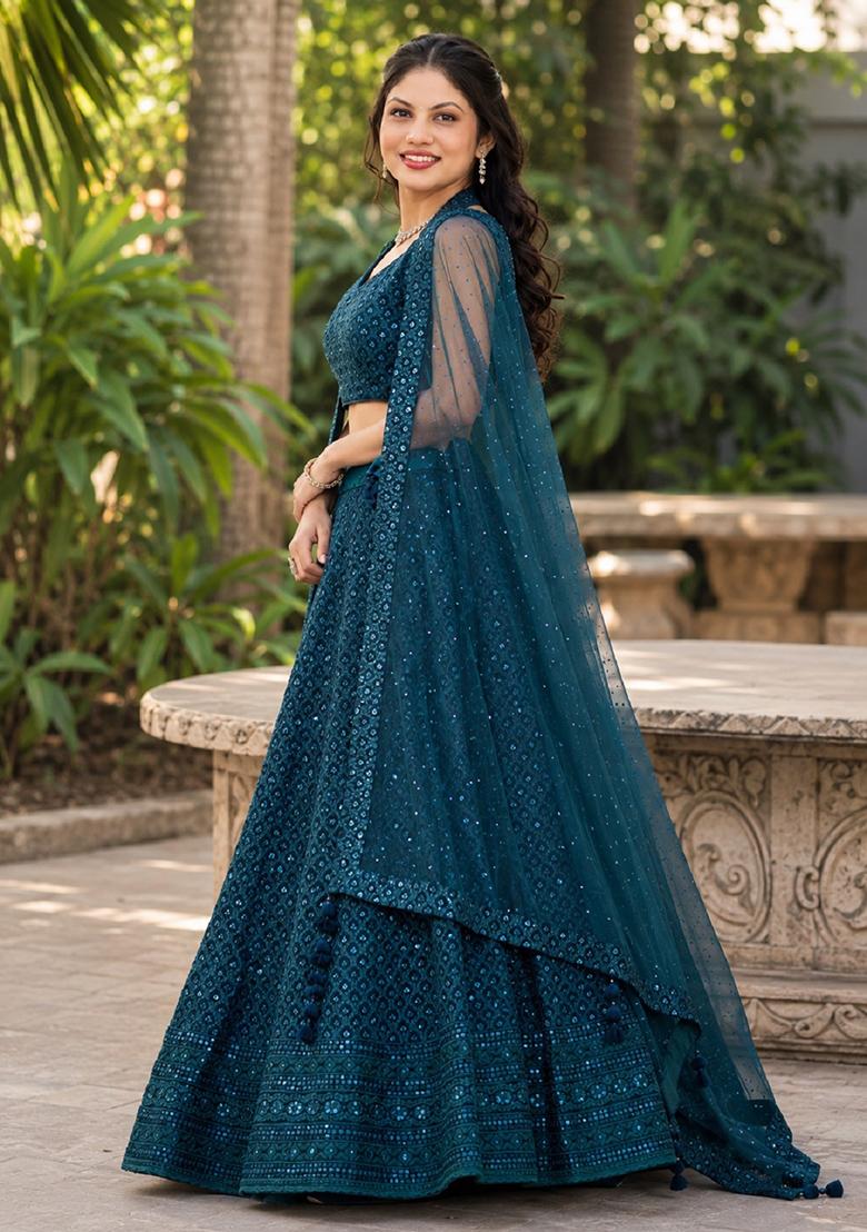 Blue Embroidery Georgette Lehenga Set - Indya