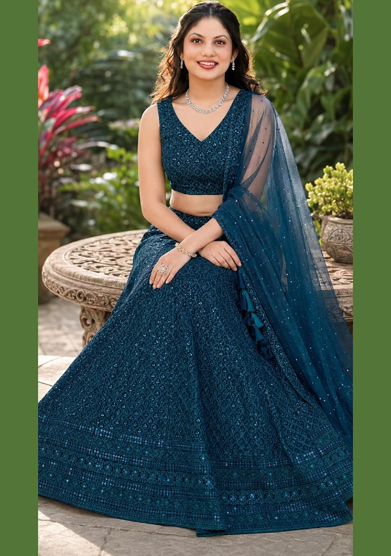 Blue Embroidery Georgette Lehenga Set - Indya
