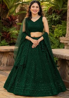 Green Embroidery Georgette Lehenga Set