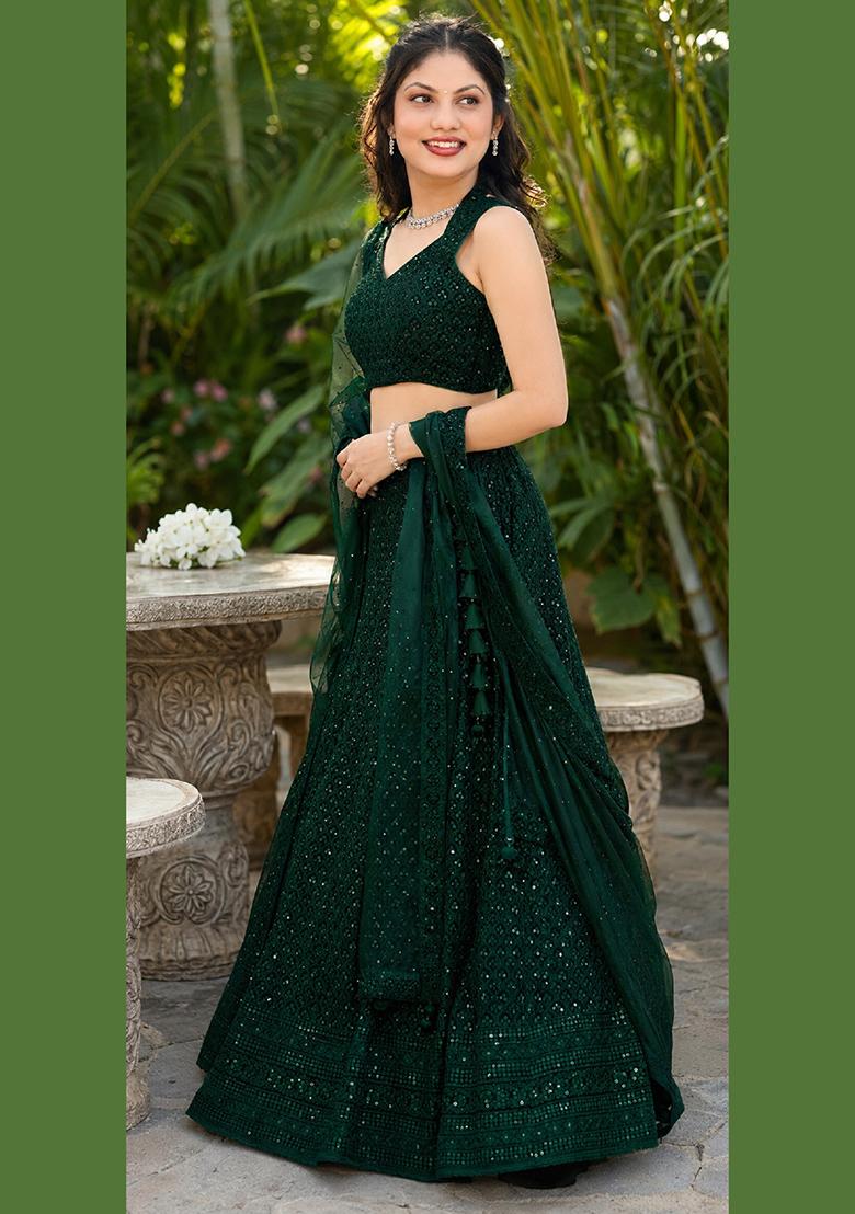 Green Embroidery Georgette Lehenga Set - Indya