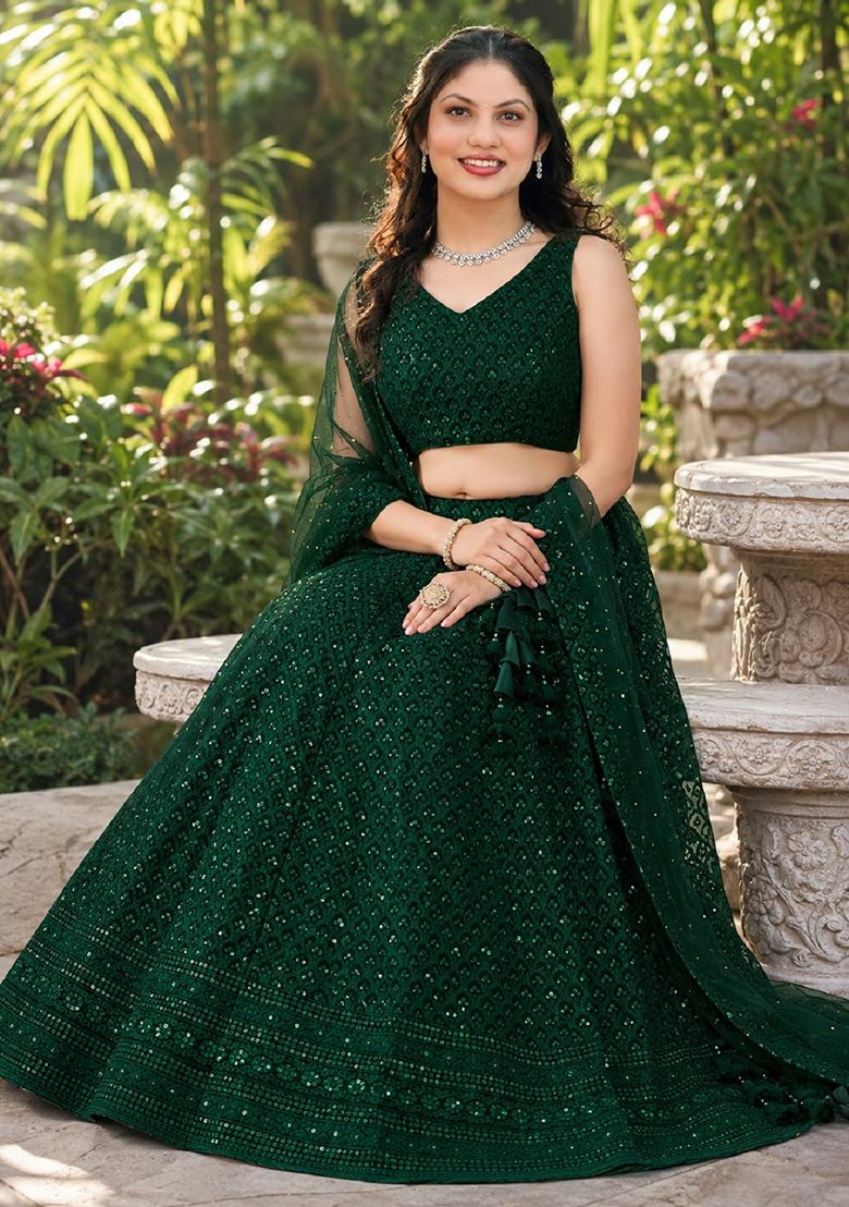 Green Embroidery Georgette Lehenga Set - Indya