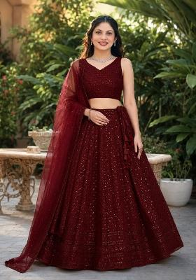 Maroon Embroidery Georgette Lehenga Set