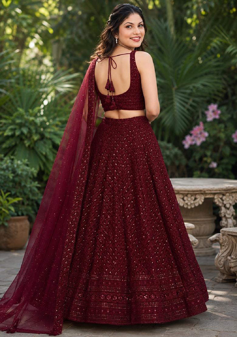 Maroon Embroidery Georgette Lehenga Set - Indya