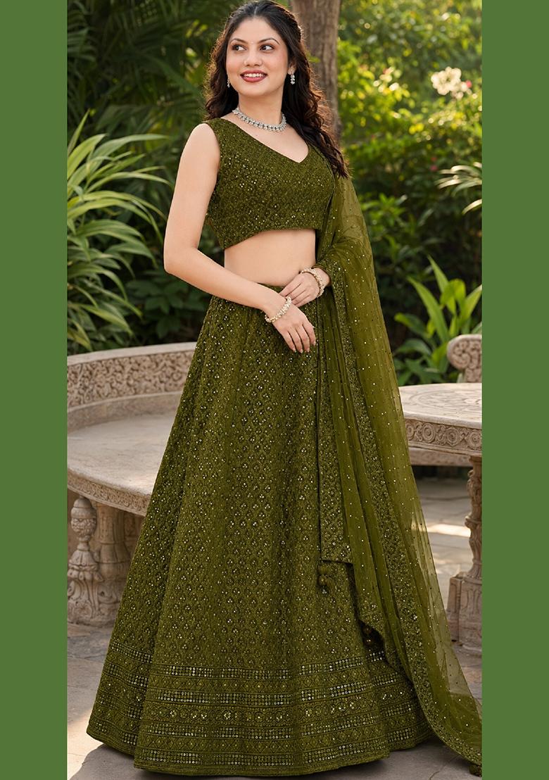 Mehendi Embroidery Georgette Lehenga Set - Indya