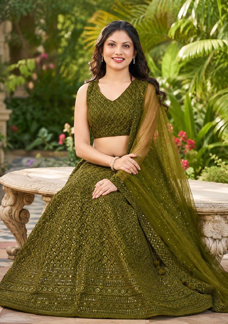 Mehendi Embroidery Georgette Lehenga Set - Indya