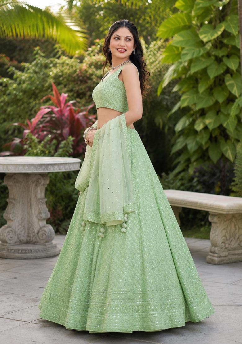 Light Green Embroidery Georgette Lehenga Set - Indya