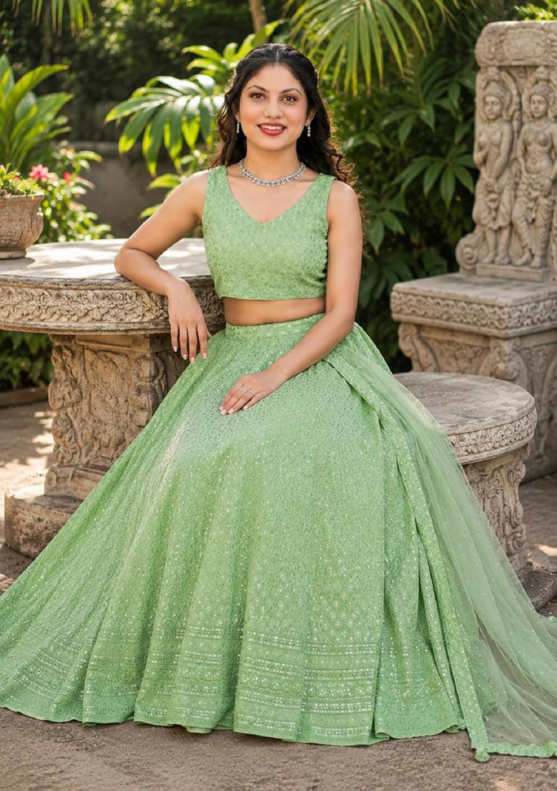 Light Green Embroidery Georgette Lehenga Set - Indya