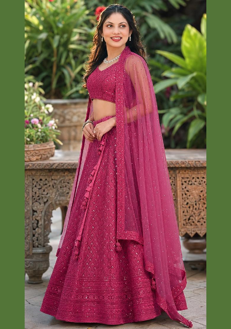 Pink Embroidery Georgette Lehenga Set - Indya