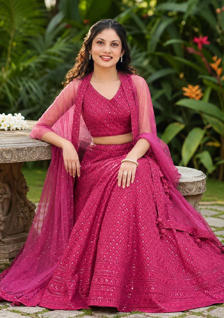 Pink Embroidery Georgette Lehenga Set - Indya