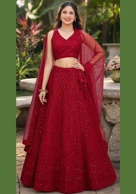 Red Embroidery Georgette Lehenga Set