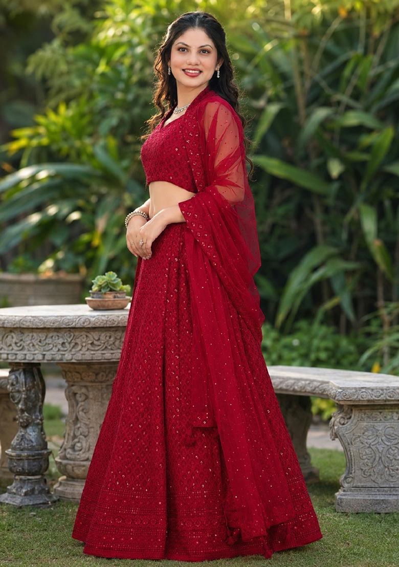 Red Embroidery Georgette Lehenga Set - Indya