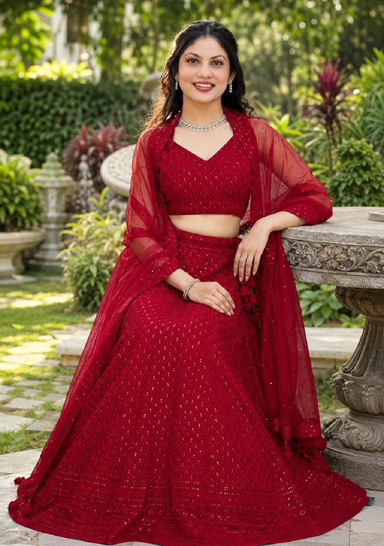Red Embroidery Georgette Lehenga Set - Indya