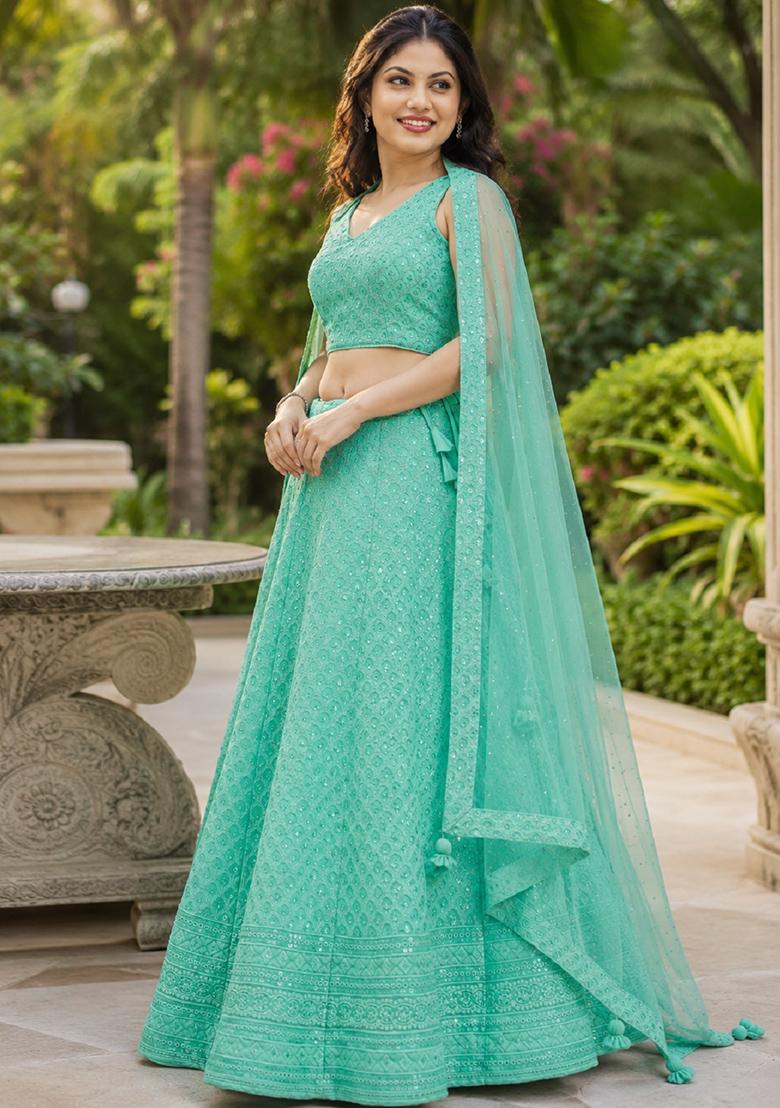 Sky Blue Embroidery Georgette Lehenga Set - Indya