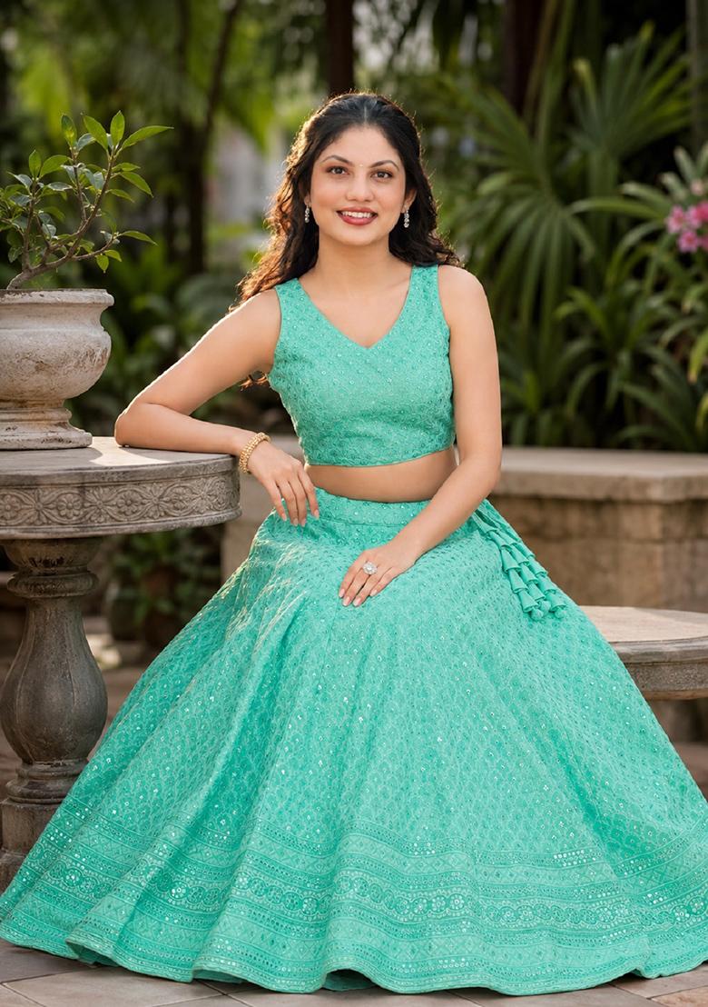 Sky Blue Embroidery Georgette Lehenga Set - Indya
