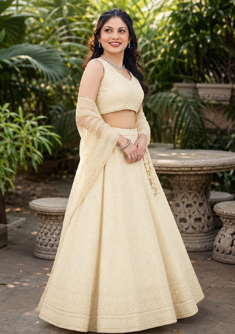 White Embroidery Georgette Lehenga Set - Indya
