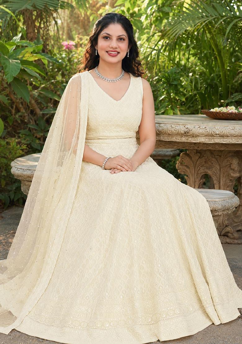 White Embroidery Georgette Lehenga Set - Indya