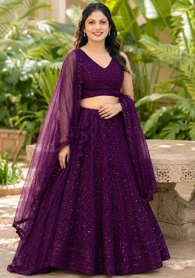 Wine Embroidery Georgette Lehenga Set
