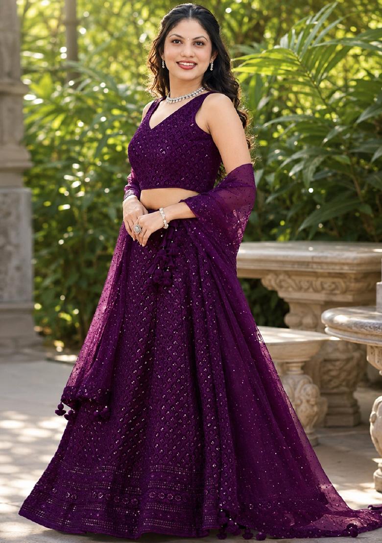 Wine Embroidery Georgette Lehenga Set - Indya