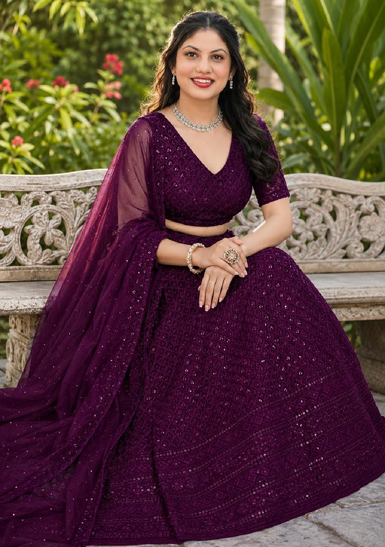 Wine Embroidery Georgette Lehenga Set - Indya