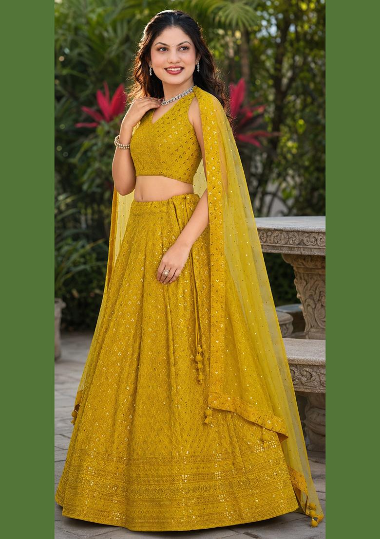 Yellow Embroidery Georgette Lehenga Set - Indya