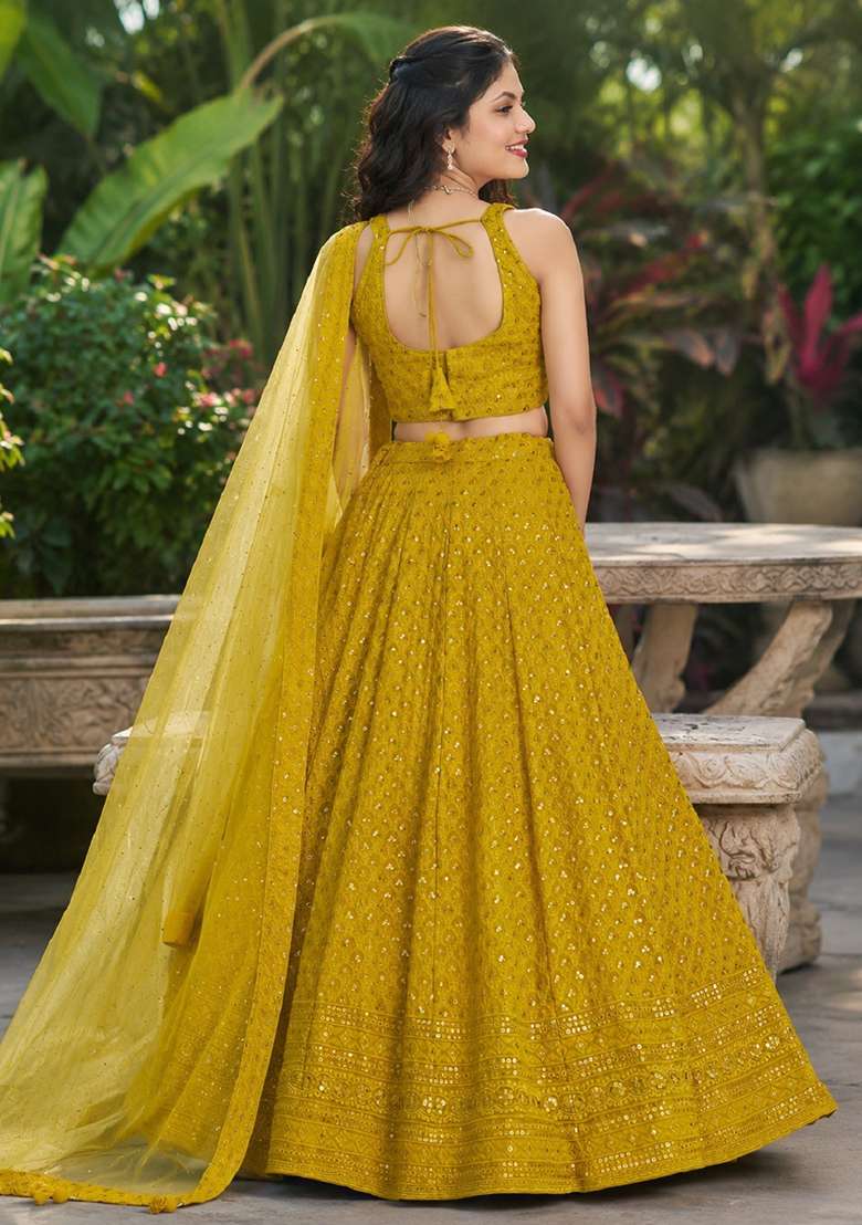 Yellow Georgette Lehenga Set with Embroidery for Diwali | Wedding & Festive Wear - Indya