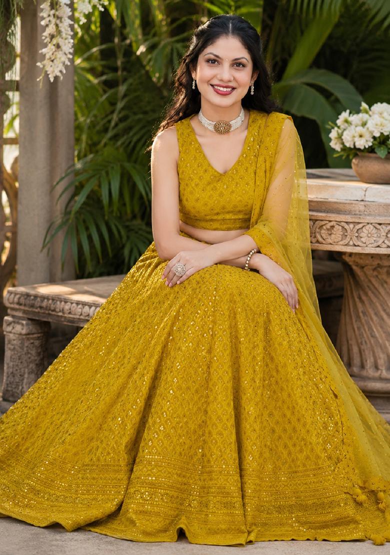 Yellow Embroidery Georgette Lehenga Set - Indya