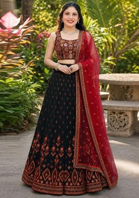 Green Embroidery Georgette Lehenga Set