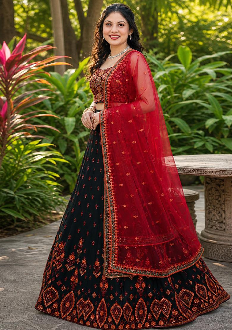 Green Embroidery Georgette Lehenga Set - Indya