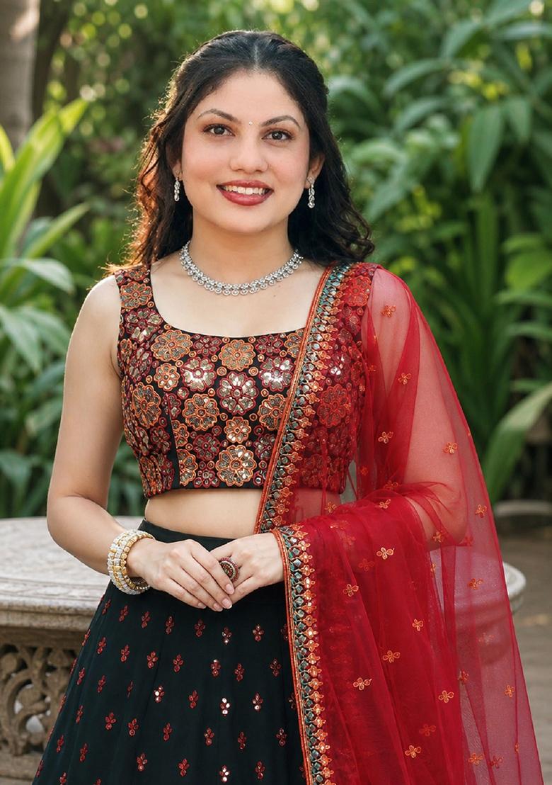 Green Embroidery Georgette Lehenga Set - Indya