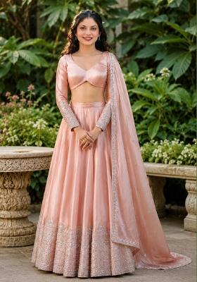 Light Peach Embroidery Organza Lehenga Set