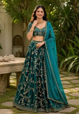 Turquoise Embroidery Velvet Lehenga Set