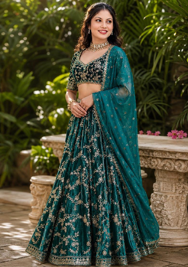 Turquoise Embroidery Velvet Lehenga Set - Indya