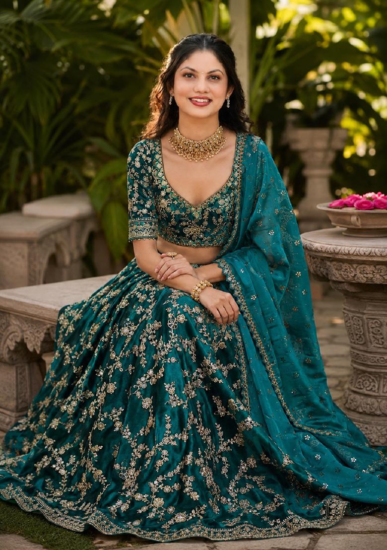 Turquoise Embroidery Velvet Lehenga Set - Indya