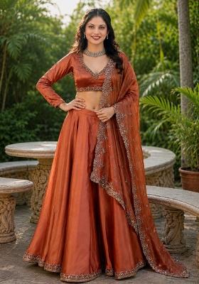 Dark Orange Embroidery Organza Lehenga Set