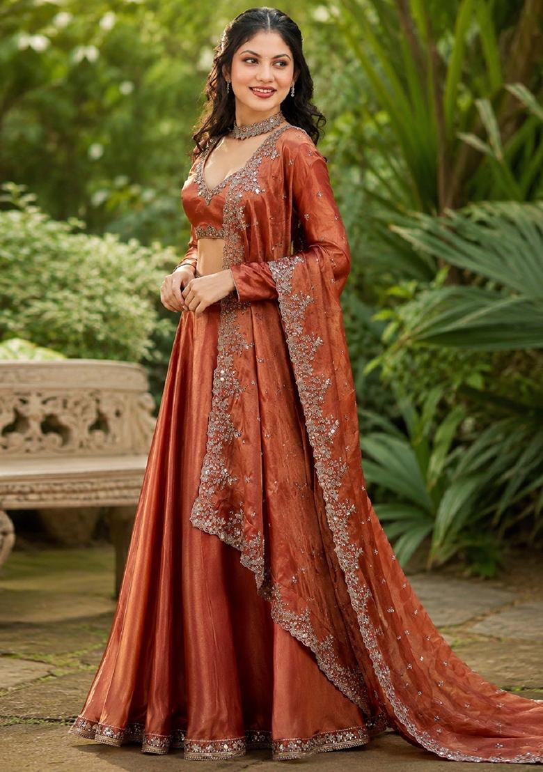 Dark Orange Embroidery Organza Lehenga Set - Indya