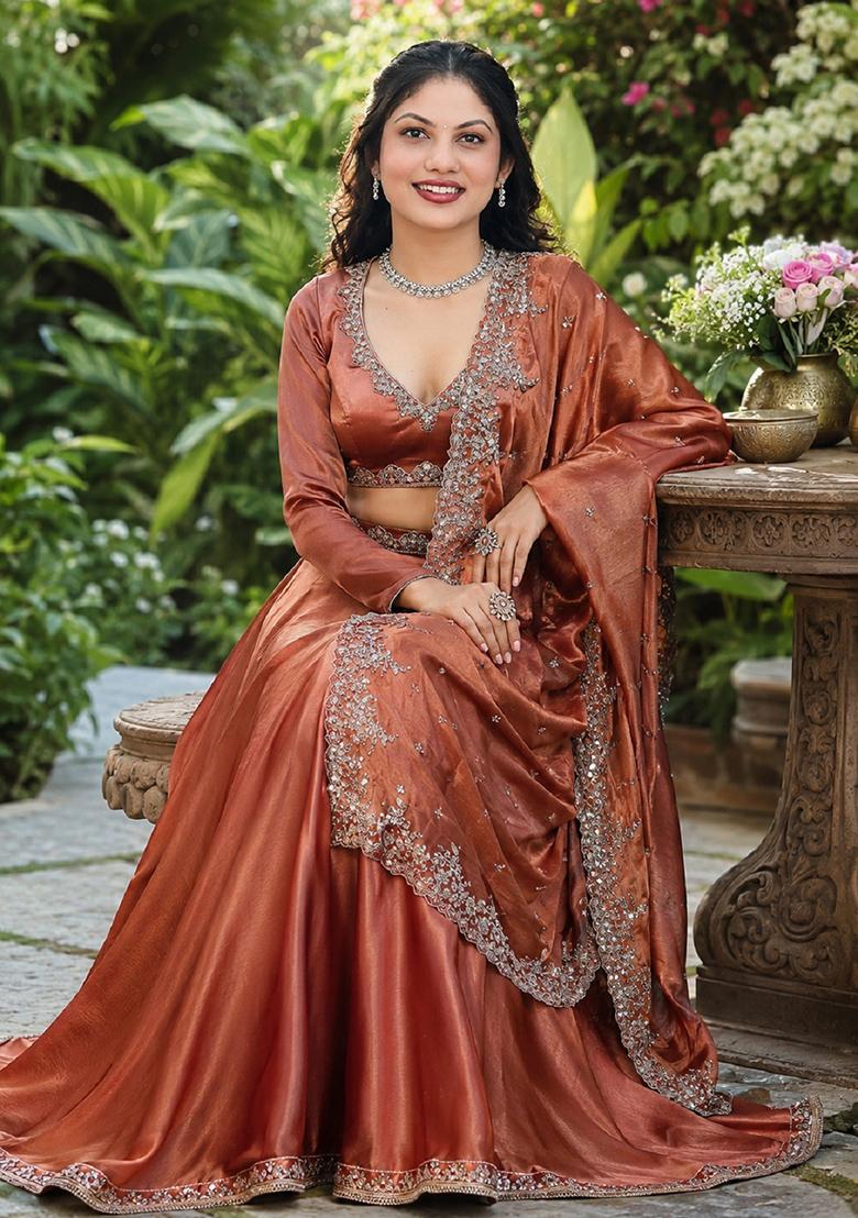 Dark Orange Embroidery Organza Lehenga Set - Indya