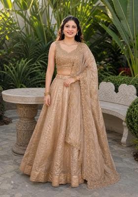 Beige Embroidery Organza Lehenga Set