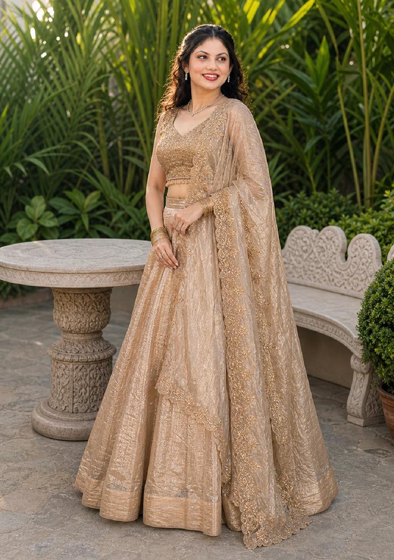 Beige Embroidery Organza Lehenga Set - Indya