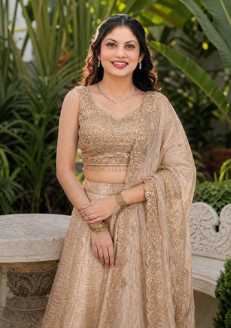 Beige Embroidery Organza Lehenga Set - Indya