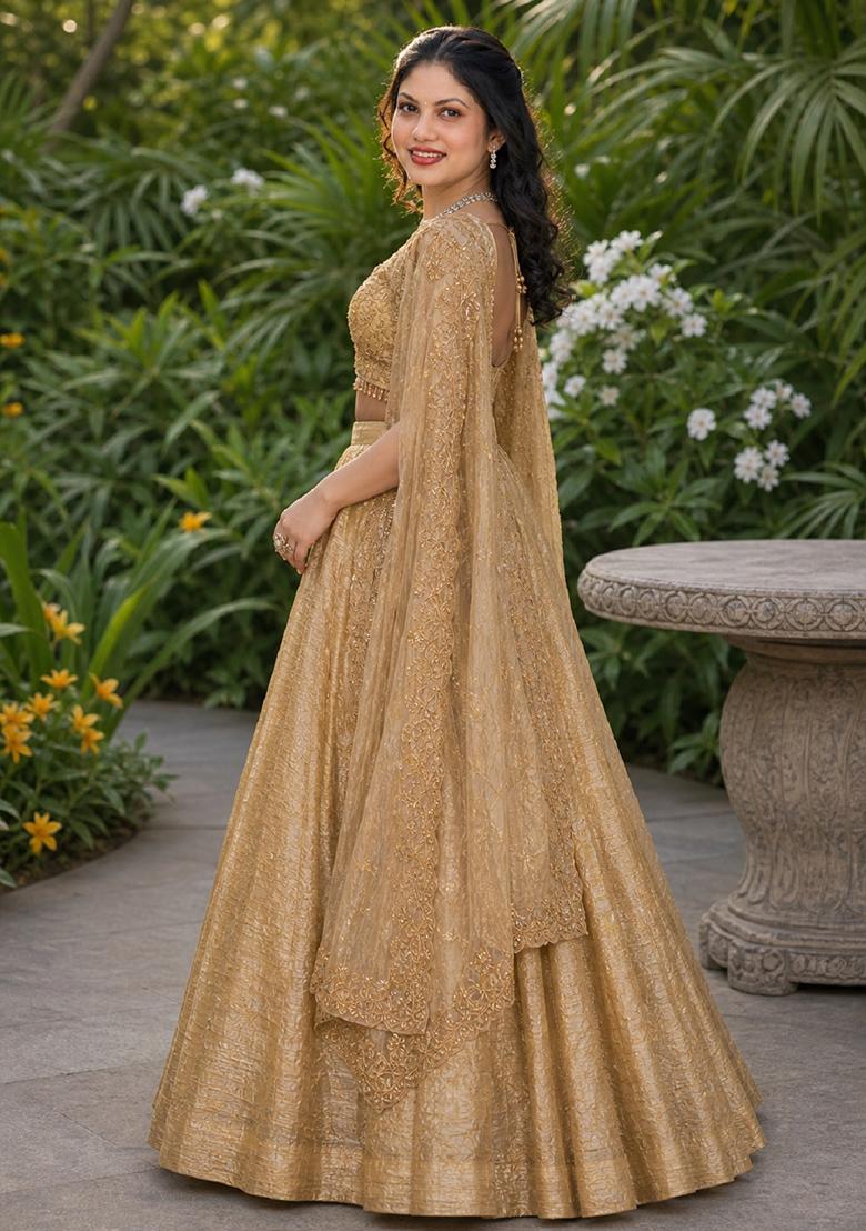 Beige Embroidery Organza Lehenga Set - Indya