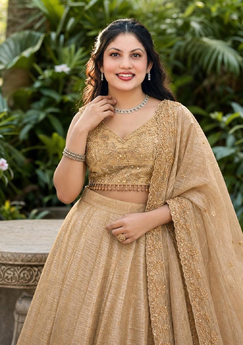 Beige Embroidery Organza Lehenga Set - Indya